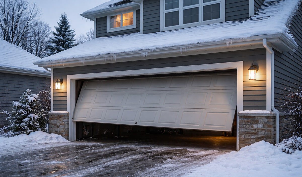 Broken garage door in driveway