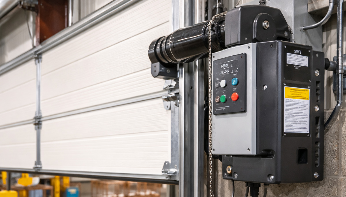 Commercial door operator installed on an overhead industrial door