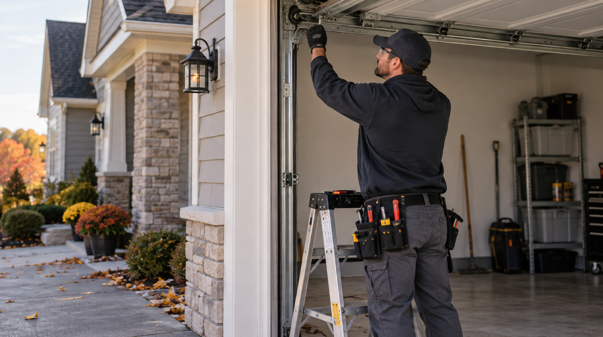 Garage door being inspected for tune-up and repair service