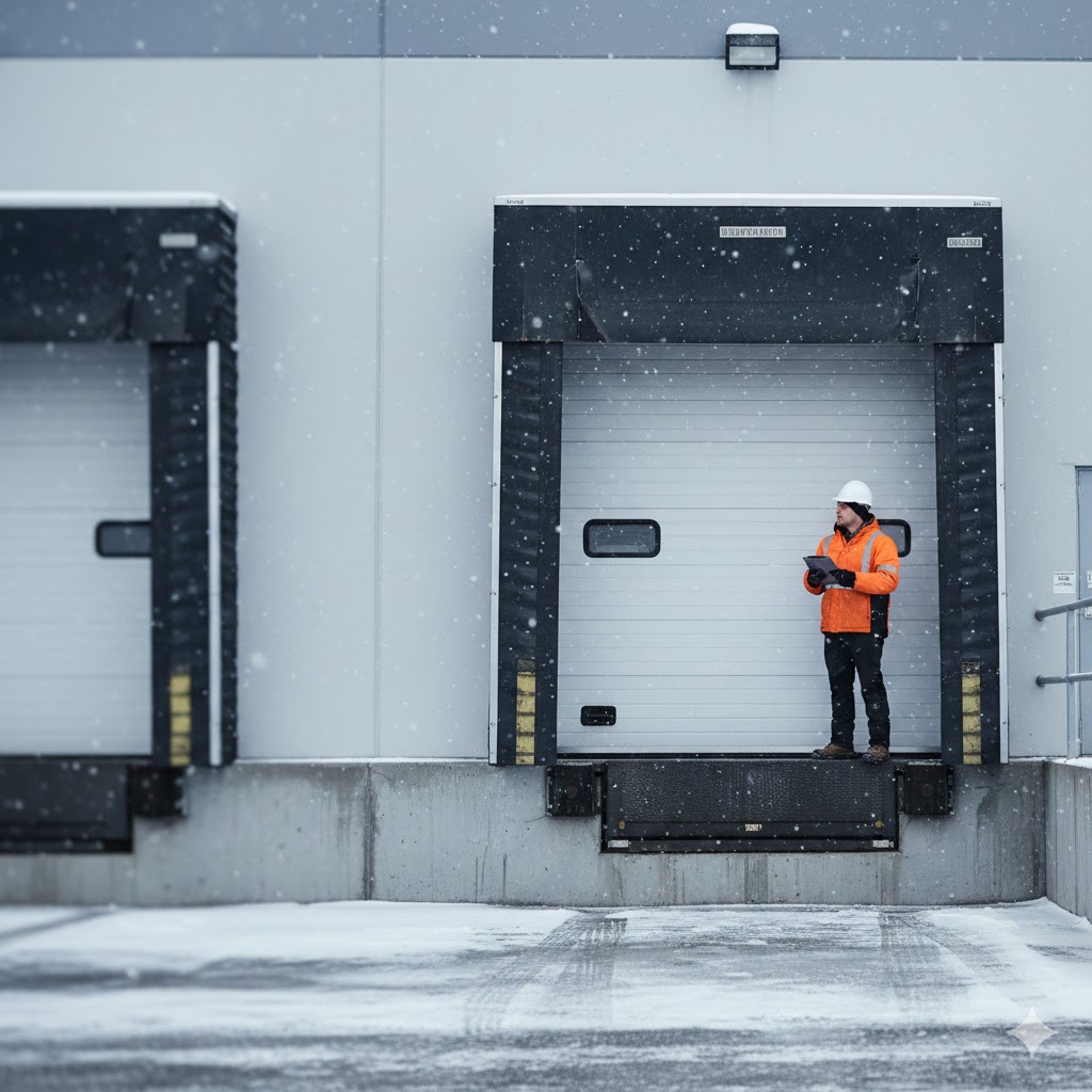 Technician inspecting warehouse/loading dock door.