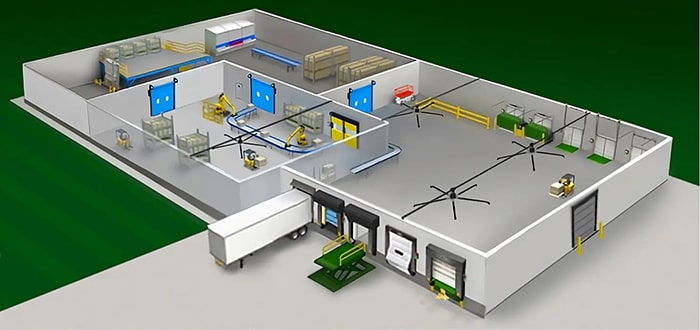 Commercial/industrial warehouse graphic highlighting doors and docks